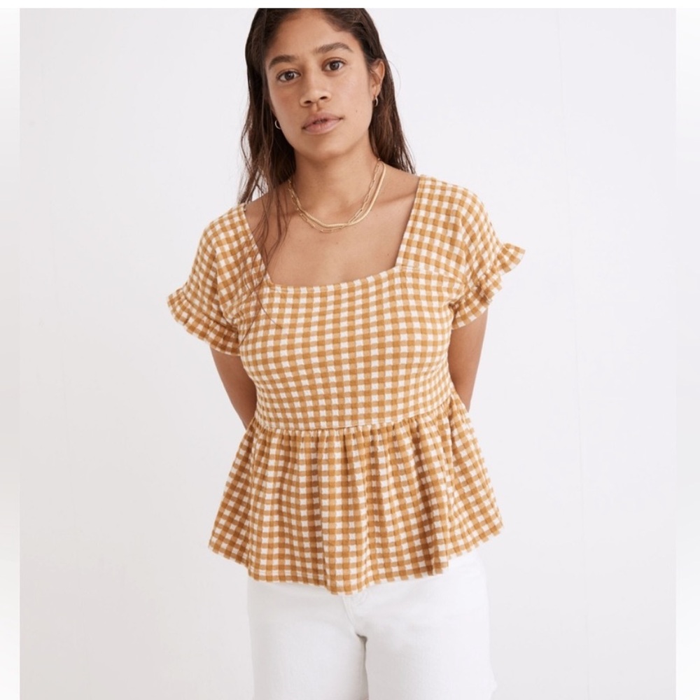 Madewell Gingham Knit Ruffle-Hem Top